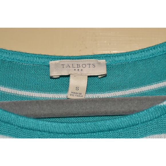 TALBOTS $80 Teal Striped 3/4 Sleeve Crewneck Tunic top w/ Layered Hem Small - Picture 3 of 3
